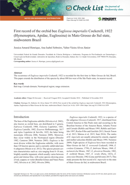 First Record of the Orchid Bee Euglossa Imperialis Cockerell, 1922 (Hymenoptera, Apidae, Euglossina) in Mato Grosso Do Sul State, Midwestern Brazil