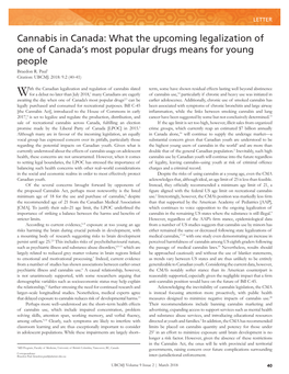 Cannabis in Canada: What the Upcoming Legalization of One of Canada’S Most Popular Drugs Means for Young People Braedon R