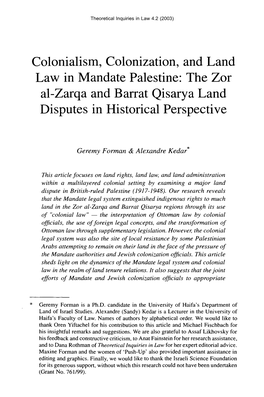 Colonialism, Colonization, and Land Law in Mandate Palestine: the Zor Al-Zarqa and Barrat Qisarya Land Disputes in Historical Perspective