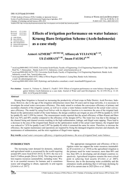 Effects of Irrigation Performance on Water Balance: Krueng Baro Irri- Gation Scheme (Aceh-Indonesia) As a Case Study