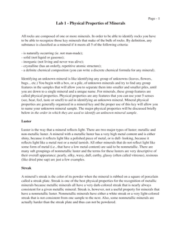 Lab 1 - Physical Properties of Minerals