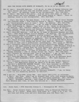 DECK the FRIDGE with SHEETS of EINBLATT, FA LA LA LA LA JANUARY 1991 DEC 29 (Sat): Minn-STF Meeting. 1:30 Pm On, at Home of Herm