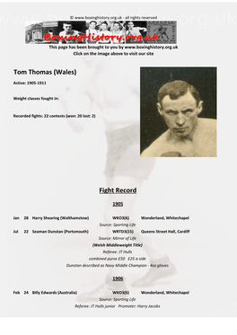 Fight Record Tom Thomas (Wales)