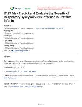 IFI27 May Predict and Evaluate the Severity of Respiratory Syncytial Virus Infection in Preterm Infants