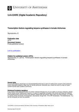 Transcription Factors Regulating Terpene Synthases in Tomato Trichomes