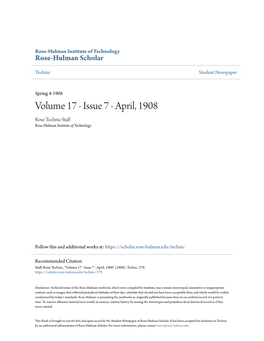 April, 1908 Rose Technic Staff Rose-Hulman Institute of Technology