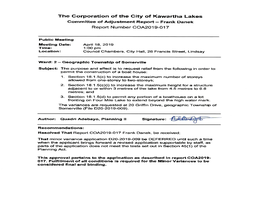 The Gorporation of the Gity of Kawartha Lakes Committee of Adjustment Report - Frank Danek Report Number COA201 9-A17