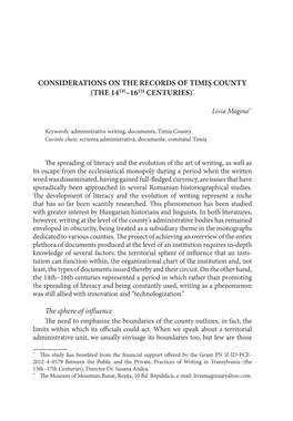 Considerations on the Records of Timiş County (The 14Th – 16Th Centuries)*