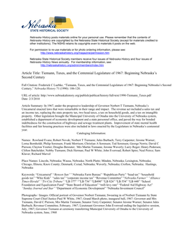 Tiemann, Taxes, and the Centennial Legislature of 1967: Beginning Nebraska’S Second Century