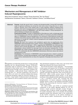 Mechanism and Management of AKT Inhibitor- Induced Hyperglycemia Ming-Chih Crouthamel,1Jason A