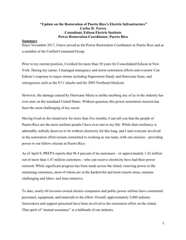 1 “Update on the Restoration of Puerto Rico's Electric Infrastructure” Carlos D. Torres Consultant, Edison Electric Instit