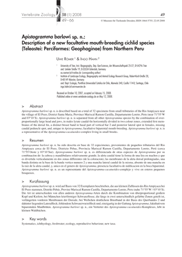 Apistogramma Barlowi Sp. N.: Description of a New Facultative Mouth-Breeding Cichlid Species (Teleostei: Perciformes: Geophaginae) from Northern Peru