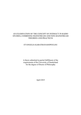 An Examination of the Concept of Intimacy in Radio Studies, Combining Mainstream and Non-Mainstream Theories and Practices