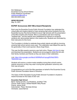 ECPSF Announces 2021 Mira Award Recipients