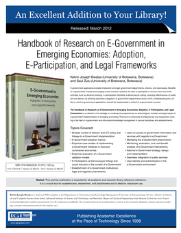 Handbook of Research on E-Government in Emerging Economies: Adoption, E-Participation, and Legal Frameworks