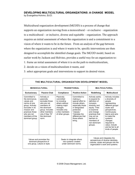 DEVELOPING MULTICULTURAL ORGANIZATIONS: a CHANGE MODEL Multicultural Organization Development (MCOD) Is a Process of Change Th