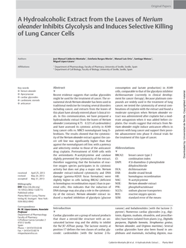 A Hydroalcoholic Extract from the Leaves of Nerium Oleander Inhibits Glycolysis and Induces Selective Killing of Lung Cancer Cells