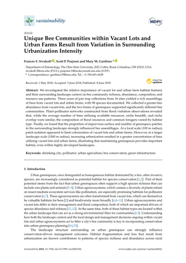 Unique Bee Communities Within Vacant Lots and Urban Farms Result from Variation in Surrounding Urbanization Intensity