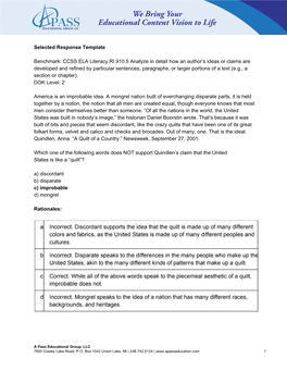 Selected Response Template Benchmark: CCSS.ELA​Literacy.RI