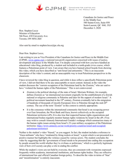 CJPME Letter to Ontario Minister of Education Stephen Lecce 2020-12-03