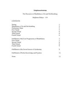 Ānāpānasatisuttaṃ the Discourse on Mindfulness of in and out Breathing Majjhima Nikāya – 118 CONTENTS Setting 1. Mindf