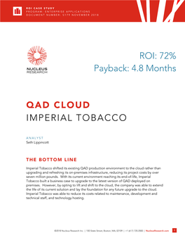 QAD CLOUD IMPERIAL TOBACCO ROI: 72% Payback: 4.8 Months