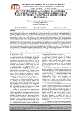 Critical Discourse Analysis on Kompas Daily Newspaper Report on Profiteering Through the Names of President Jokowi and Vice President Jusuf Kalla