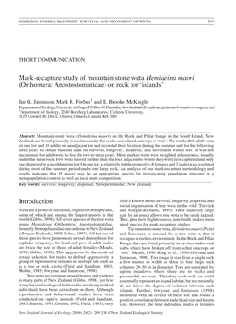 Mark-Recapture Study of Mountain Stone Weta Hemideina Maori (Orthoptera: Anostostomatidae) on Rock Tor ‘Islands’