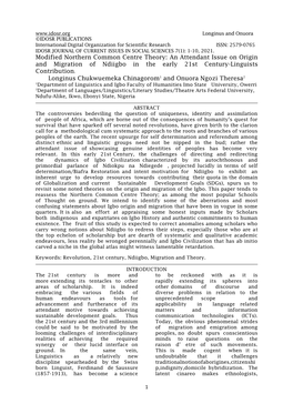 Modified Northern Common Centre Theory: an Attendant Issue on Origin and Migration of Ndiigbo in the Early 21St Century-Linguists Contribution