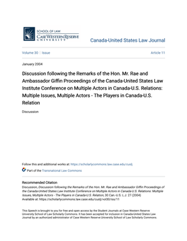 Discussion Following the Remarks of the Hon. Mr. Rae and Ambassador Giffin Proceedings of the Canada-United States Law Institute