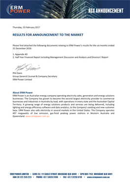 ERM Power Limited Notes to the Financial Statements for the HALF YEAR ENDED 31 DECEMBER 2016