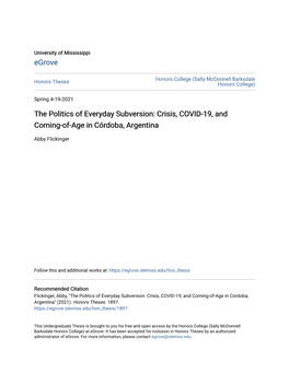 The Politics of Everyday Subversion: Crisis, COVID-19, and Coming-Of-Age in Córdoba, Argentina