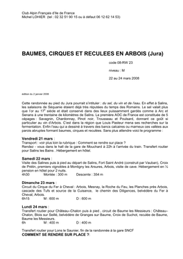 BAUMES, CIRQUES ET RECULEES EN ARBOIS (Jura)