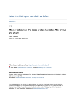 Attorney Solicitation: the Scope of State Regulation After &lt;Em&gt;Primus&lt;/Em&gt; and &lt;Em&gt;Ohralik&lt;/Em&gt;