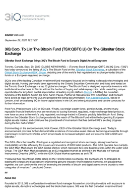 3Iq Corp. to List the Bitcoin Fund (TSX:QBTC.U) on the Gibraltar Stock Exchange
