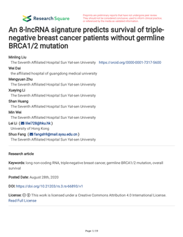 Negative Breast Cancer Patients Without Germline BRCA1/2 Mutation