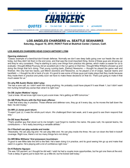 LOS ANGELES CHARGERS Vs. SEATTLE SEAHAWKS Saturday, August 18, 2018 | Rokit Field at Stubhub Center | Carson, Calif