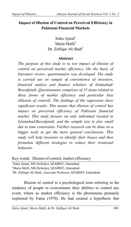 Impact of Illusion of Control on Perceived Efficiency in Pakistani Financial Markets