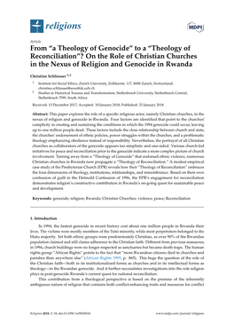 From “A Theology of Genocide” to a “Theology of Reconciliation”? on the Role of Christian Churches in the Nexus of Religion and Genocide in Rwanda