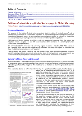 Table of Contents Petition of Scientists Sceptical of Anthropogenic Global Warming