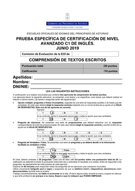 Prueba Específica De Certificación De Nivel Avanzado C1 De Inglés. Junio 2019