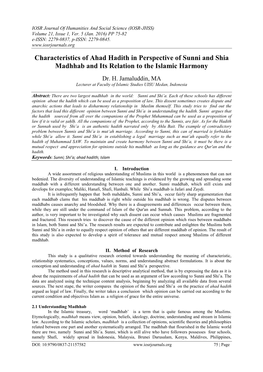 Characteristics of Ahad Hadith in Perspective of Sunni and Shia Madhhab and Its Relation to the Islamic Harmony