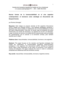 Nuevas Formas De La Homosociabilidad En El Cine Argentino Contemporáneo: El Bromance Como Estrategia En Excursiones (De Ezequiel Acuña) Por Romina Smiraglia*