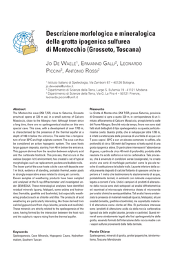 Descrizione Morfologica E Mineralogica Della Grotta Ipogenica Sulfurea Di Montecchio (Grosseto, Toscana)