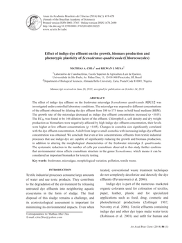 Effect of Indigo Dye Effluent on the Growth, Biomass Production and Phenotypic Plasticity of Scenedesmus Quadricauda (Chlorococcales)