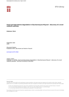 Uracil and Beta-Alanine Degradation in Saccharomyces Kluyveri - Discovery of a Novel Catabolic Pathway