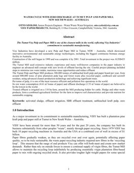 Water Cycle with Zero Discharge at Tumut Pulp and Paper Mill New South Wales - Australia