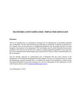 Manitoba Contaminated / Impacted Sites List
