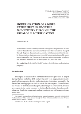 Modernization of Zagreb in the First Half of the 20Th Century Through the Prism of Electrification1