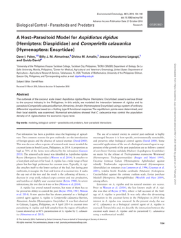 A Host–Parasitoid Model for Aspidiotus Rigidus (Hemiptera: Diaspididae) and Comperiella Calauanica (Hymenoptera: Encyrtidae)